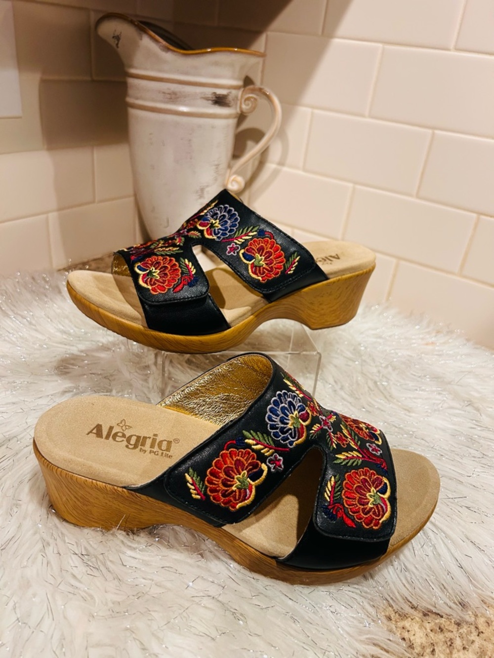 Alegria Leather Clog Sandals with Floral Embroidery Adjustable Straps